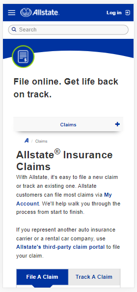 Screenshot of allstate.com/claims